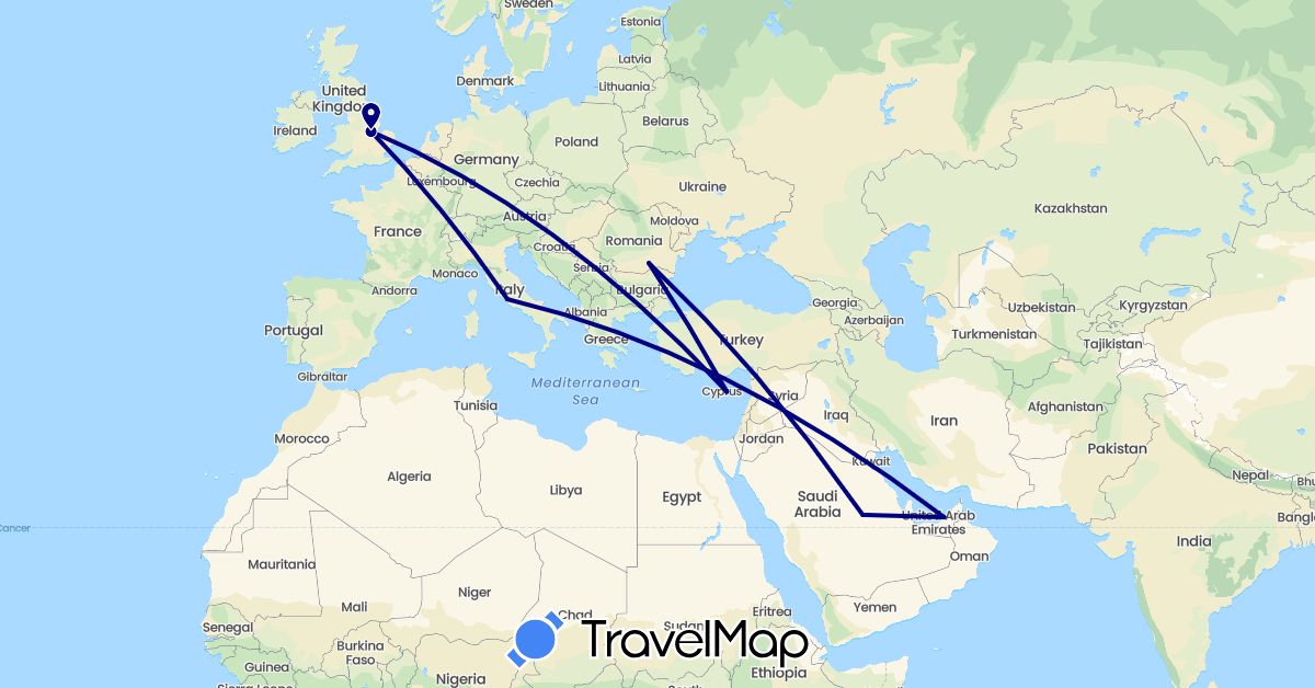 TravelMap itinerary: driving in United Arab Emirates, Cyprus, United Kingdom, Italy, Romania, Saudi Arabia (Asia, Europe)